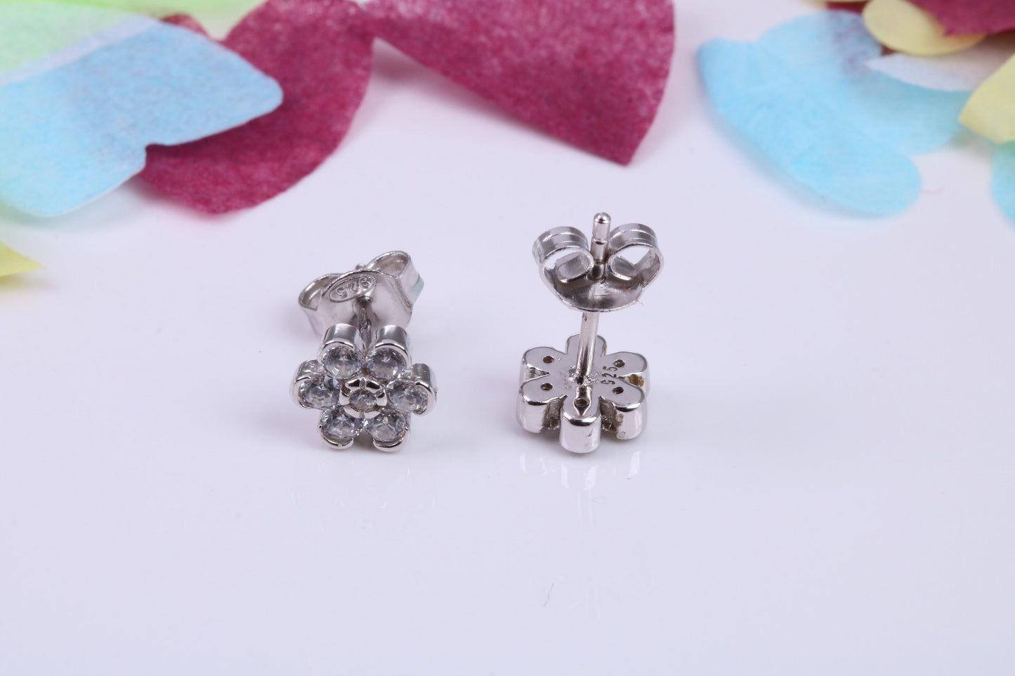8 mm Round Daisy Flower Cluster Cubic Zirconia set Earrings, Very Dressy, Made from Solid 925 Grade Sterling Silver