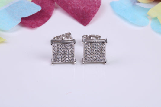 8 mm Square Cluster Cubic Zirconia set Earrings, Very Dressy, Made from Solid 925 Grade Sterling Silver