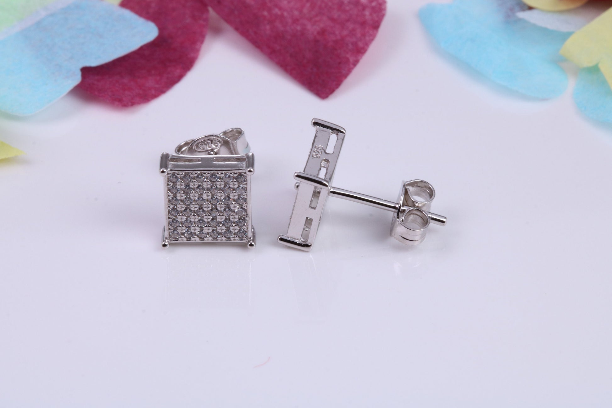 8 mm Square Cluster Cubic Zirconia set Earrings, Very Dressy, Made from Solid 925 Grade Sterling Silver