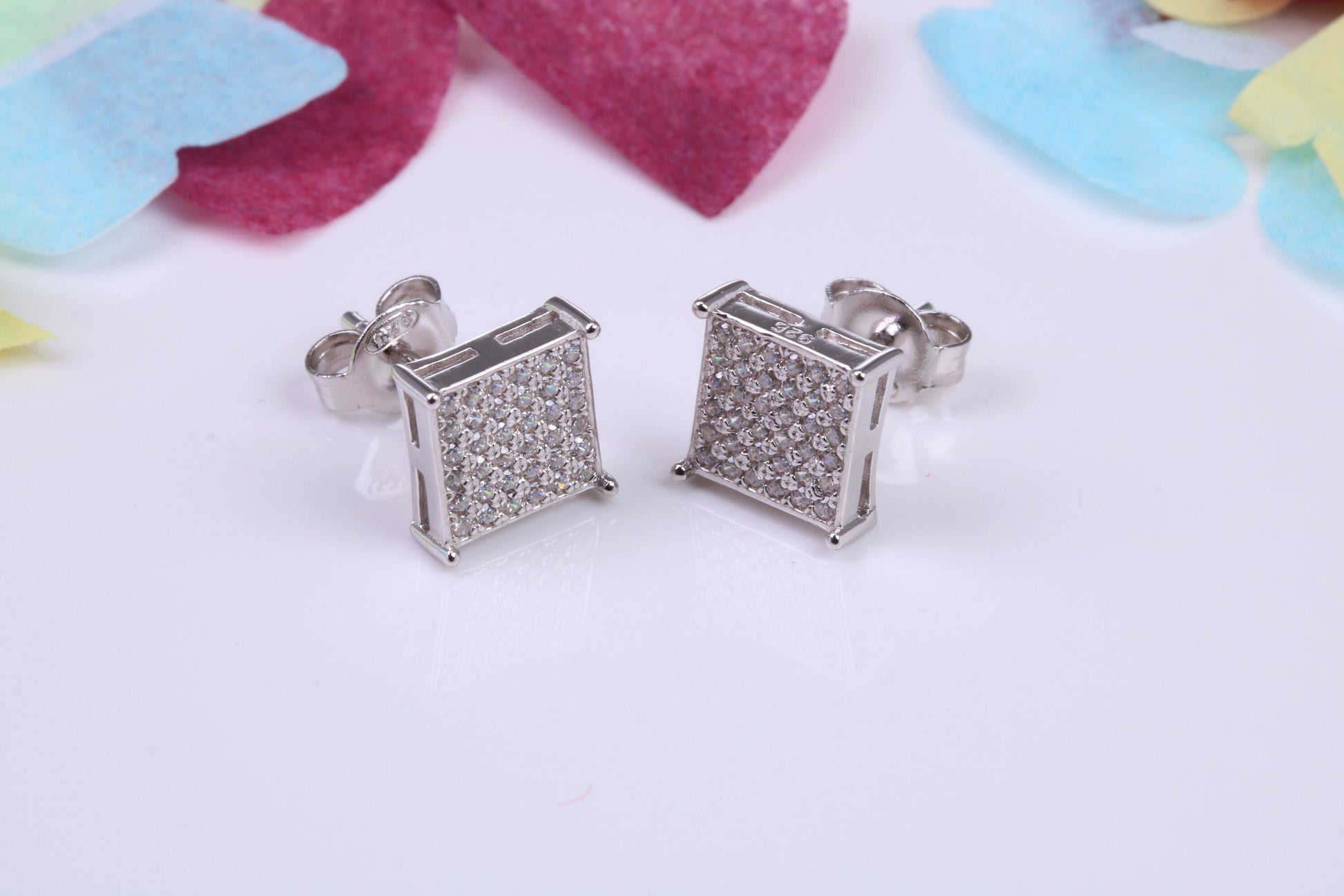 8 mm Square Cluster Cubic Zirconia set Earrings, Very Dressy, Made from Solid 925 Grade Sterling Silver