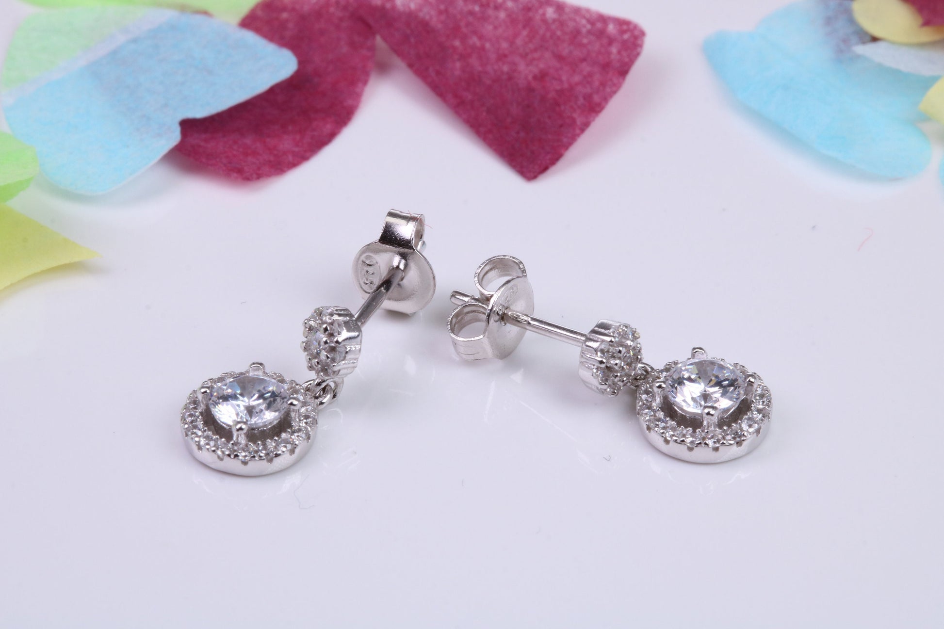 12 mm Long Dropper Earrings, Cubic Zirconia set, Made from Solid 925 Grade Sterling Silver