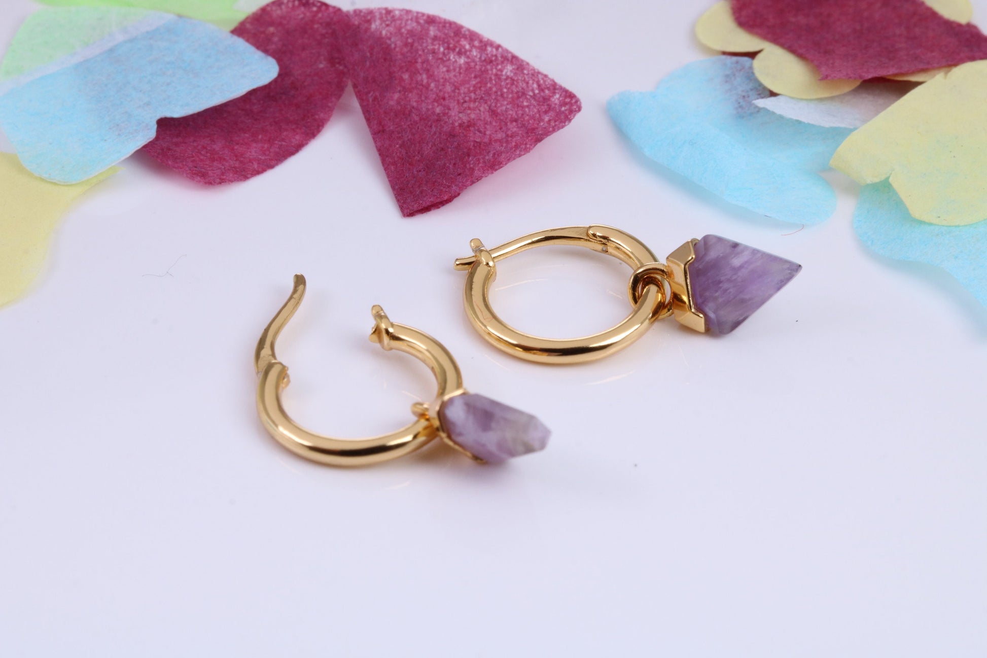 Real Amethyst set Dropper Hoop Earrings, Cubic Zirconia set, Made from Solid 925 Grade Sterling Silver, 18ct Yellow Gold Plated