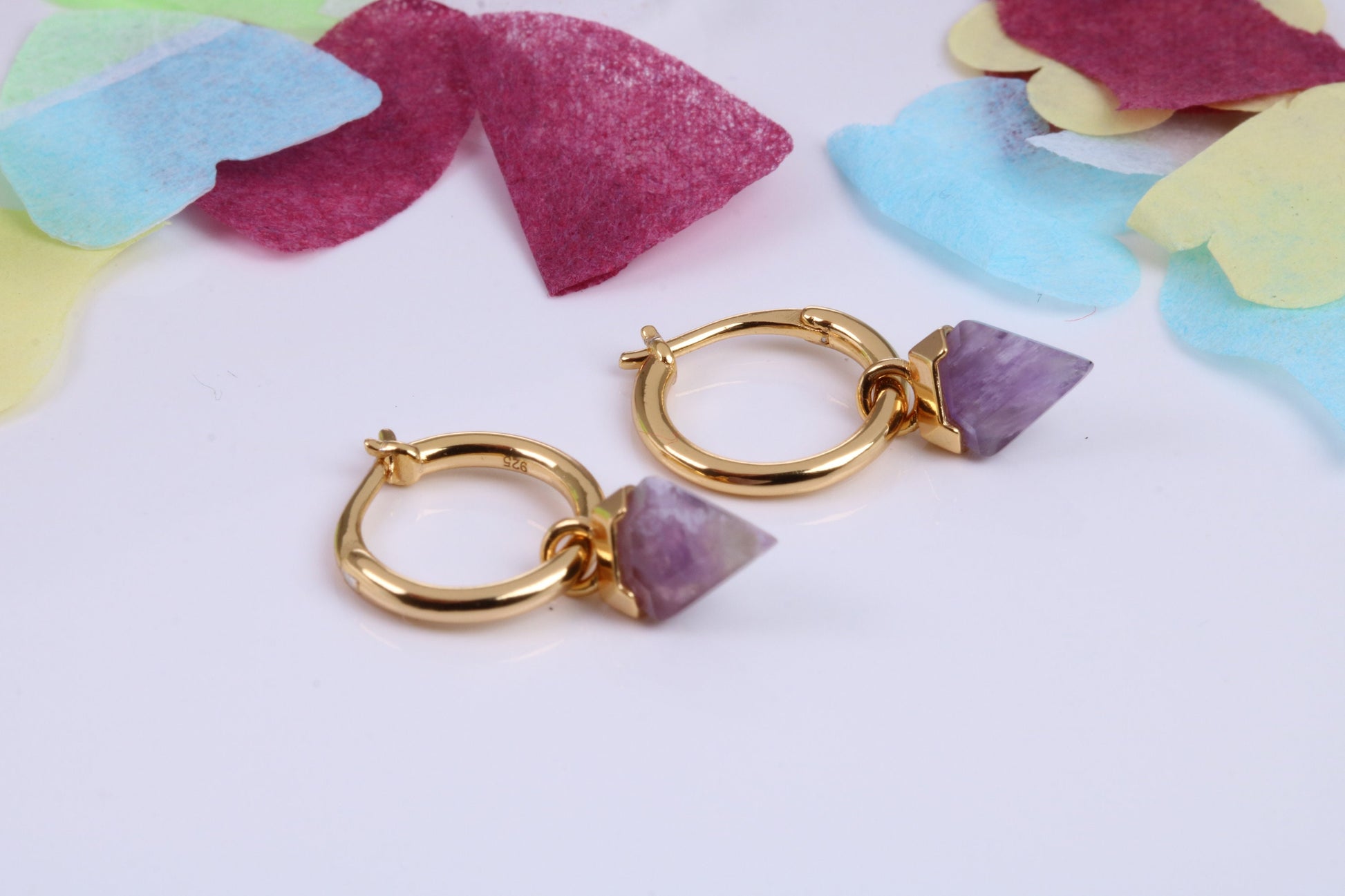 Real Amethyst set Dropper Hoop Earrings, Cubic Zirconia set, Made from Solid 925 Grade Sterling Silver, 18ct Yellow Gold Plated