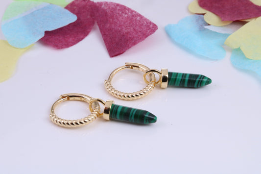 Real Malachite set Dropper Hoop Earrings, Cubic Zirconia set, Made from Solid 925 Grade Sterling Silver, 18ct Yellow Gold Plated