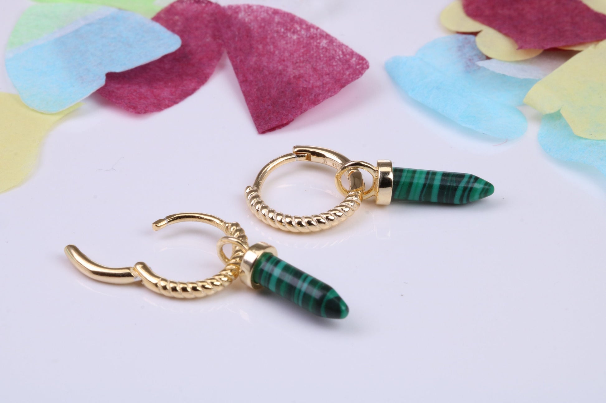 Real Malachite set Dropper Hoop Earrings, Cubic Zirconia set, Made from Solid 925 Grade Sterling Silver, 18ct Yellow Gold Plated