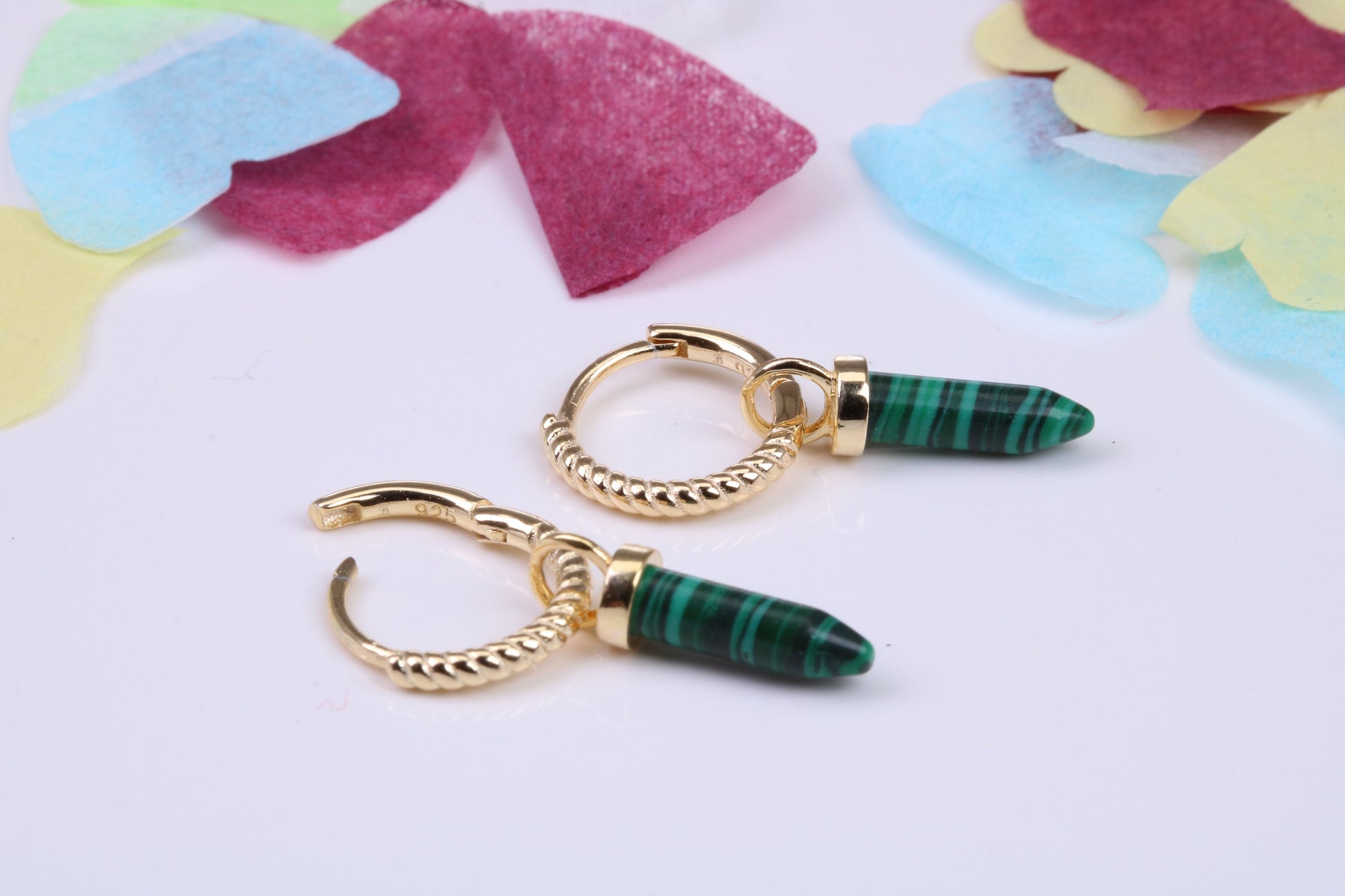 Real Malachite set Dropper Hoop Earrings, Cubic Zirconia set, Made from Solid 925 Grade Sterling Silver, 18ct Yellow Gold Plated