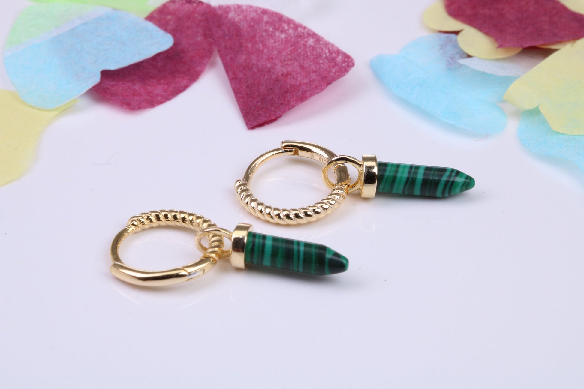 Real Malachite set Dropper Hoop Earrings, Cubic Zirconia set, Made from Solid 925 Grade Sterling Silver, 18ct Yellow Gold Plated