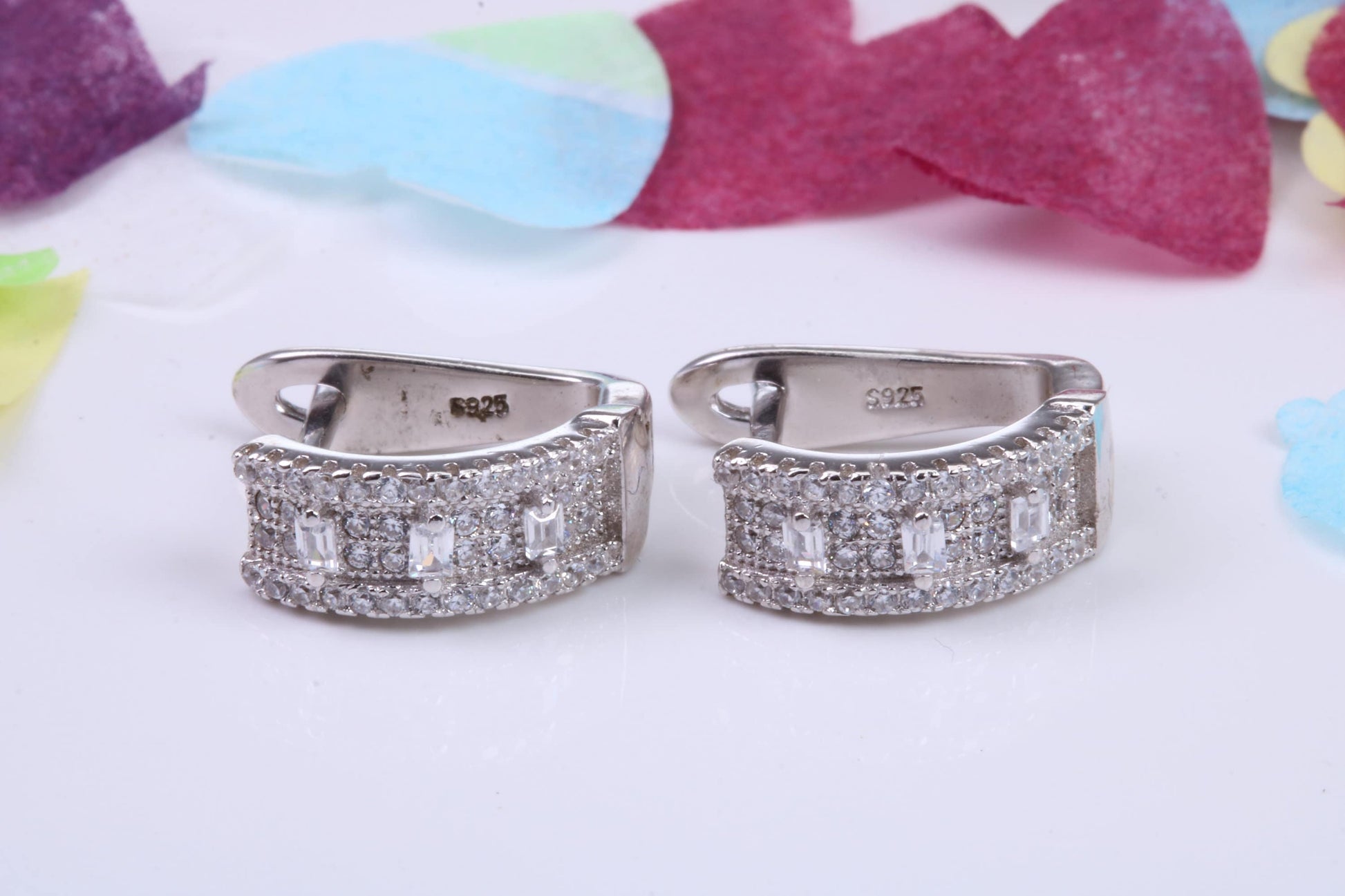 15 mm Long Hoop Cubic Zirconia set Earrings, Very Dressy, Made from Solid 925 Grade Sterling Silver