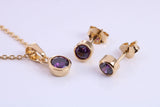 February Amethyst C Z set Necklace and Matching Stud Earrings, made from solid Sterling Silver and 18ct Yellow Gold Plated