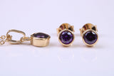 February Amethyst C Z set Necklace and Matching Stud Earrings, made from solid Sterling Silver and 18ct Yellow Gold Plated