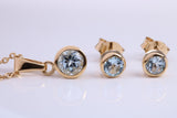 March Aquamarine C Z set Necklace and Matching Stud Earrings, made from solid Sterling Silver and 18ct Yellow Gold Plated