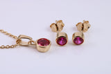 July Ruby C Z set Necklace and Matching Stud Earrings, made from solid Sterling Silver and 18ct Yellow Gold Plated