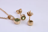 August Peridot C Z set Necklace and Matching Stud Earrings, made from solid Sterling Silver and 18ct Yellow Gold Plated