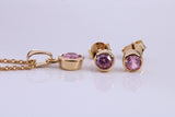 October Pink Rose C Z set Necklace and Matching Stud Earrings, made from solid Sterling Silver and 18ct Yellow Gold Plated
