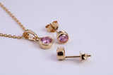 October Pink Rose C Z set Necklace and Matching Stud Earrings, made from solid Sterling Silver and 18ct Yellow Gold Plated