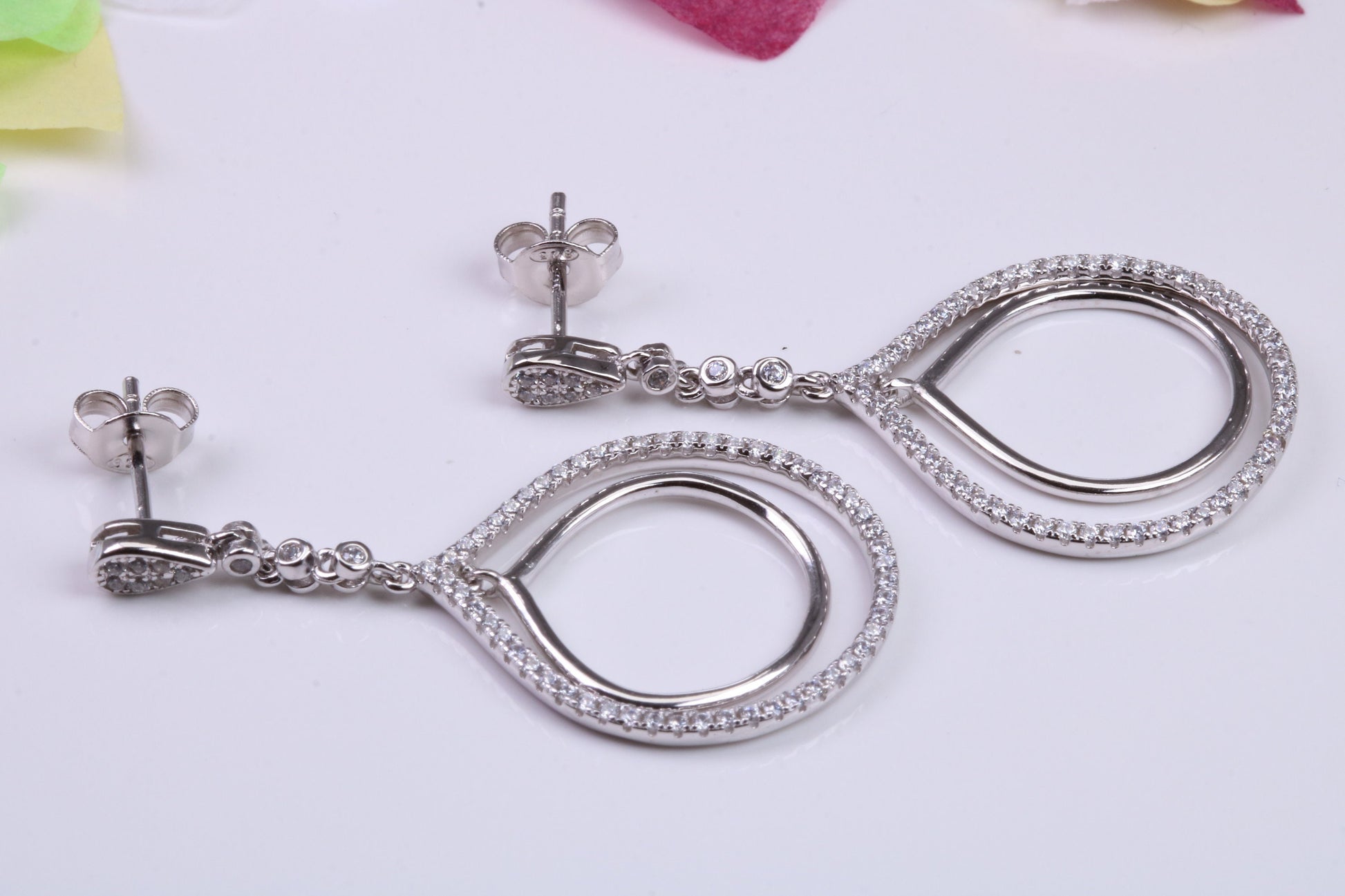 45 mm Long Dropper Earrings, Cubic Zirconia set, Made from Solid 925 Grade Sterling Silver