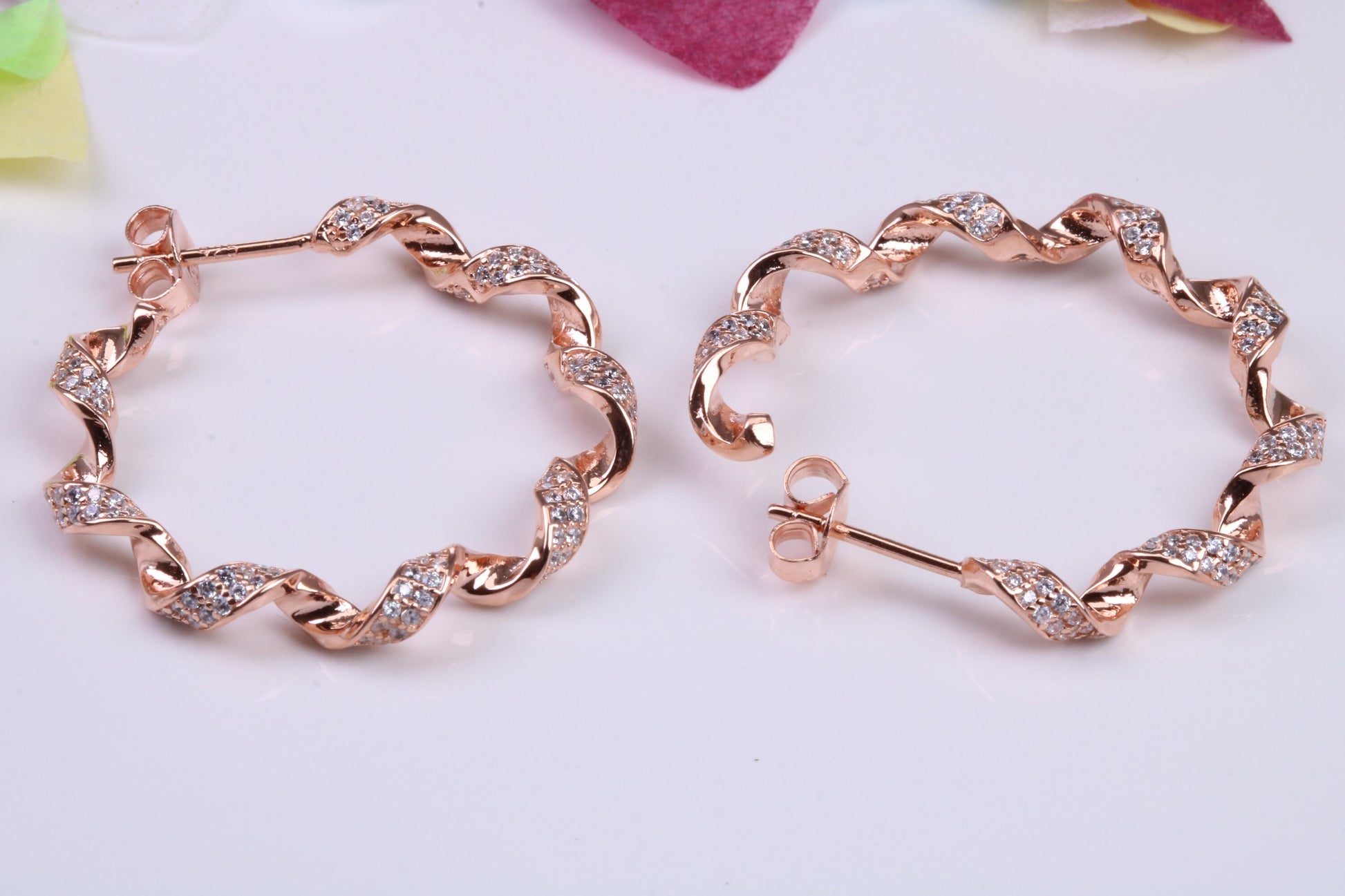 33 mm Round Hoop Earrings, Cubic Zirconia set, Made from Solid 925 Grade Sterling Silver, 18ct Rose Gold Plated