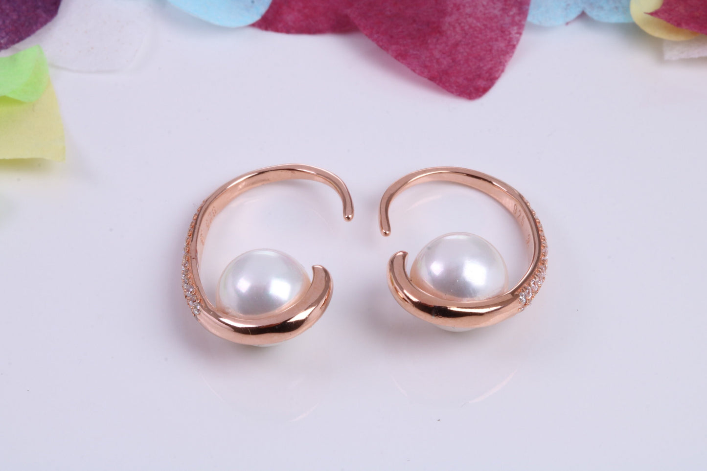 21 mm Long Hoop Earrings, Pearl and Cubic Zirconia set, Made from Solid 925 Grade Sterling Silver, 18ct Rose Gold Plated