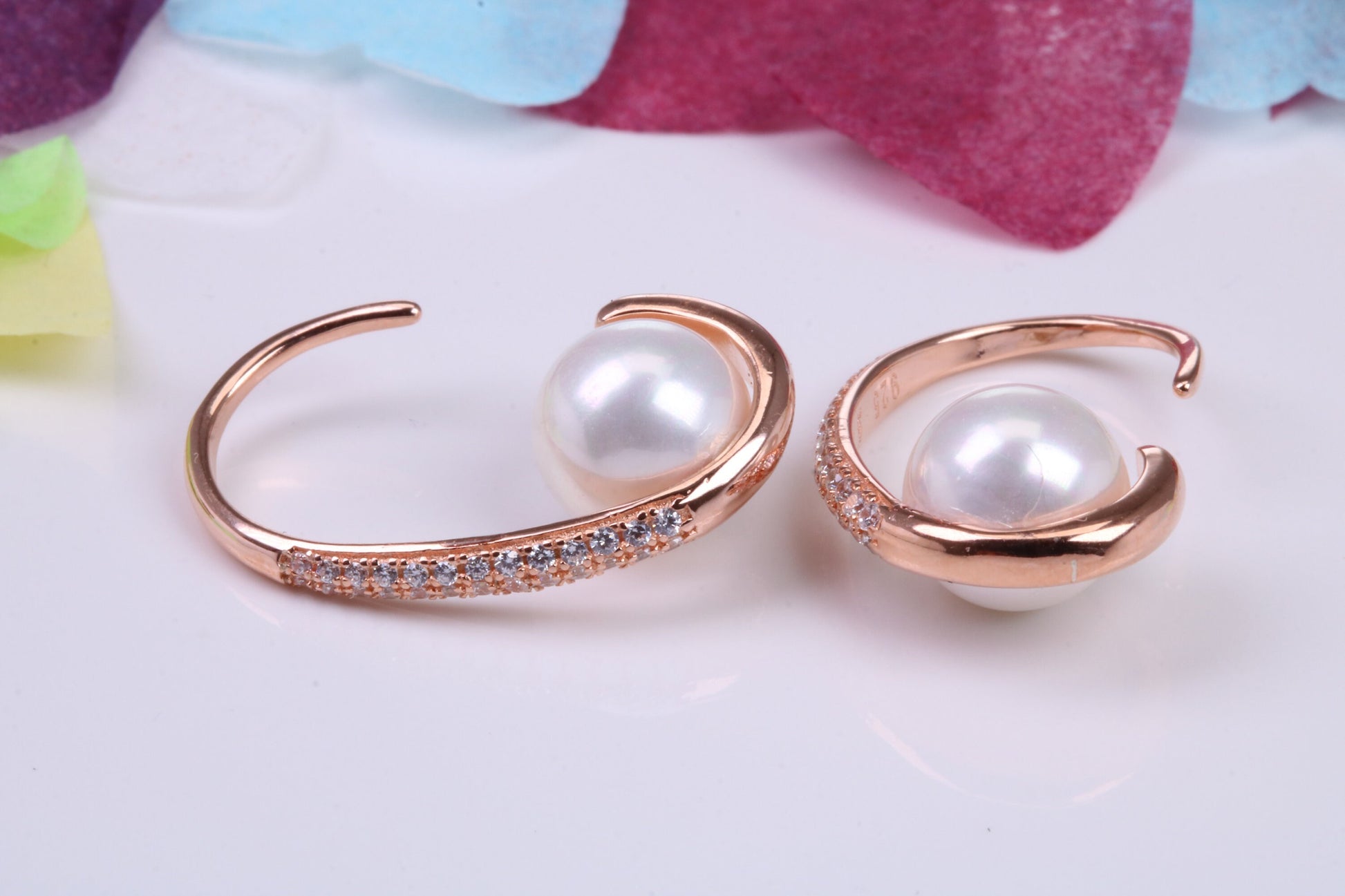 21 mm Long Hoop Earrings, Pearl and Cubic Zirconia set, Made from Solid 925 Grade Sterling Silver, 18ct Rose Gold Plated