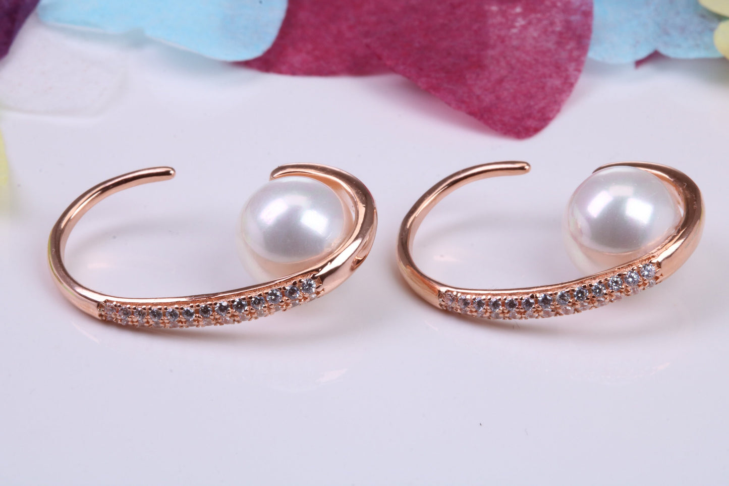 21 mm Long Hoop Earrings, Pearl and Cubic Zirconia set, Made from Solid 925 Grade Sterling Silver, 18ct Rose Gold Plated