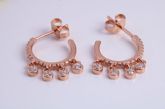 14 mm Round Hoop Cubic Zirconia set Earrings, Very Dressy, Made from Solid 925 Grade Sterling Silver, 18ct Rose Gold Plated