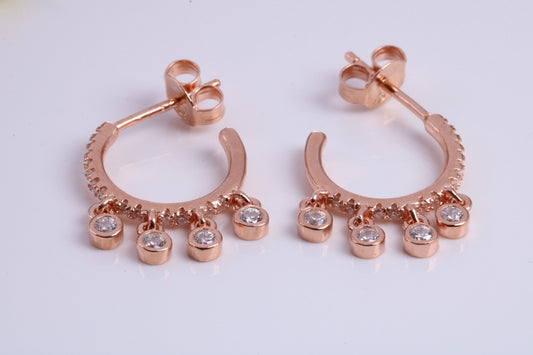 14 mm Round Hoop Cubic Zirconia set Earrings, Very Dressy, Made from Solid 925 Grade Sterling Silver, 18ct Rose Gold Plated