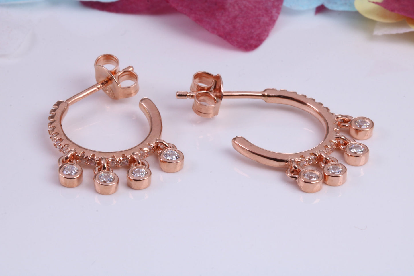 14 mm Round Hoop Cubic Zirconia set Earrings, Very Dressy, Made from Solid 925 Grade Sterling Silver, 18ct Rose Gold Plated