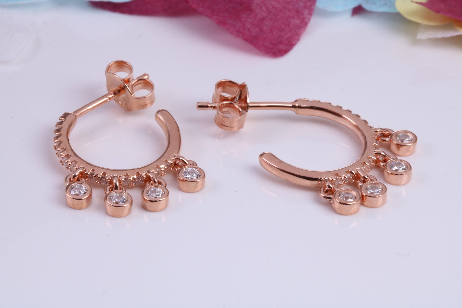 14 mm Round Hoop Cubic Zirconia set Earrings, Very Dressy, Made from Solid 925 Grade Sterling Silver, 18ct Rose Gold Plated