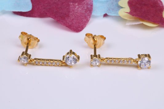 20 mm Long Cubic Zirconia set Earrings, Very Dressy, Made from Solid 925 Grade Sterling Silver, 18ct Yellow Gold Plated