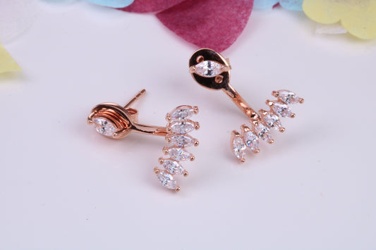 20 mm Long Dropper Stud Cubic Zirconia set Earrings, Very Dressy, Made from Solid 925 Grade Sterling Silver, 18ct Rose Gold Plated