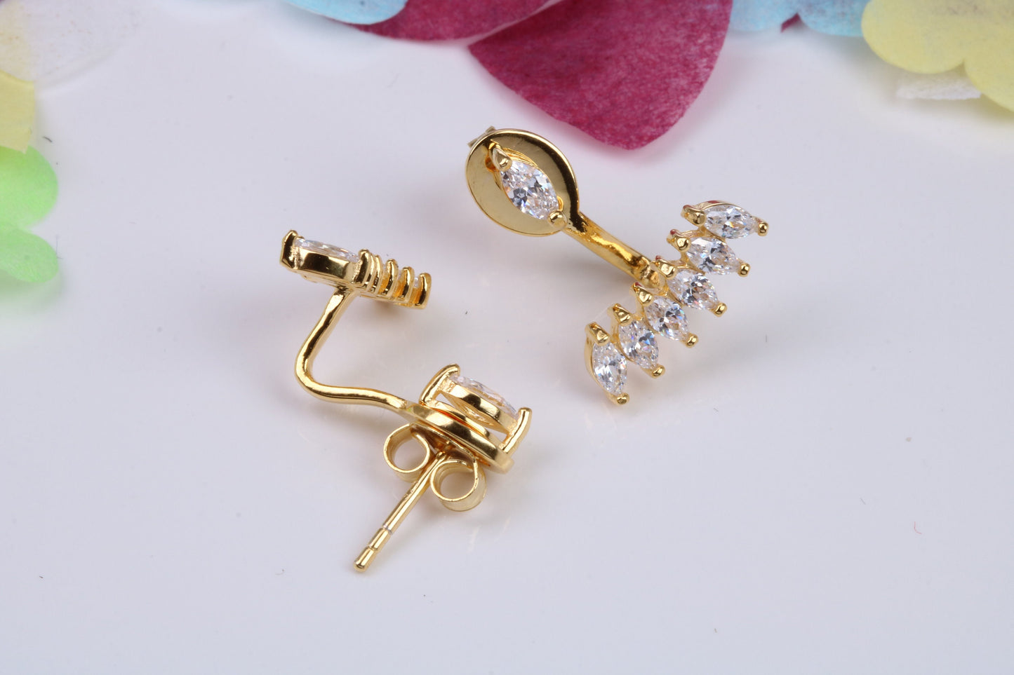 20 mm Long Dropper Stud Cubic Zirconia set Earrings, Very Dressy, Made from Solid 925 Grade Sterling Silver, 18ct Yellow Gold Plated