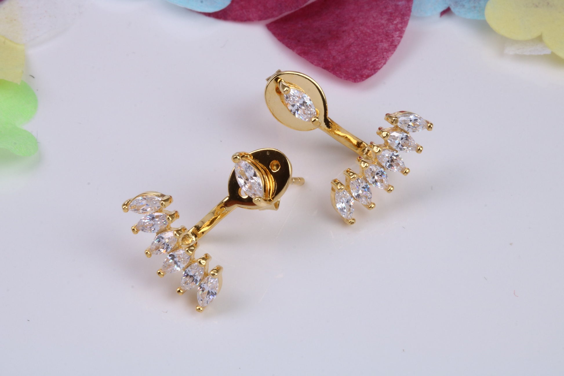 20 mm Long Dropper Stud Cubic Zirconia set Earrings, Very Dressy, Made from Solid 925 Grade Sterling Silver, 18ct Yellow Gold Plated