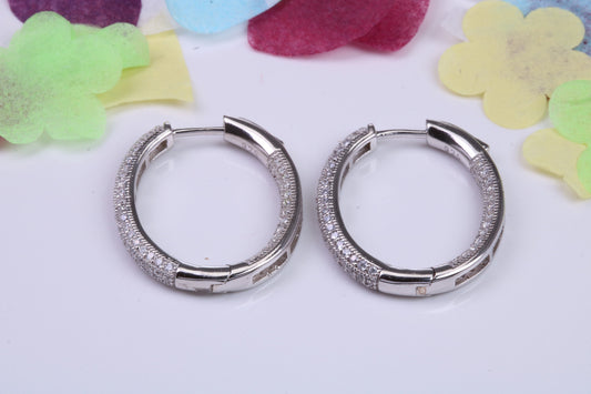 25 mm Long Hoop Cubic Zirconia set Earrings, Secure Fittings, Very Dressy, Made from Solid 925 Grade Sterling Silver