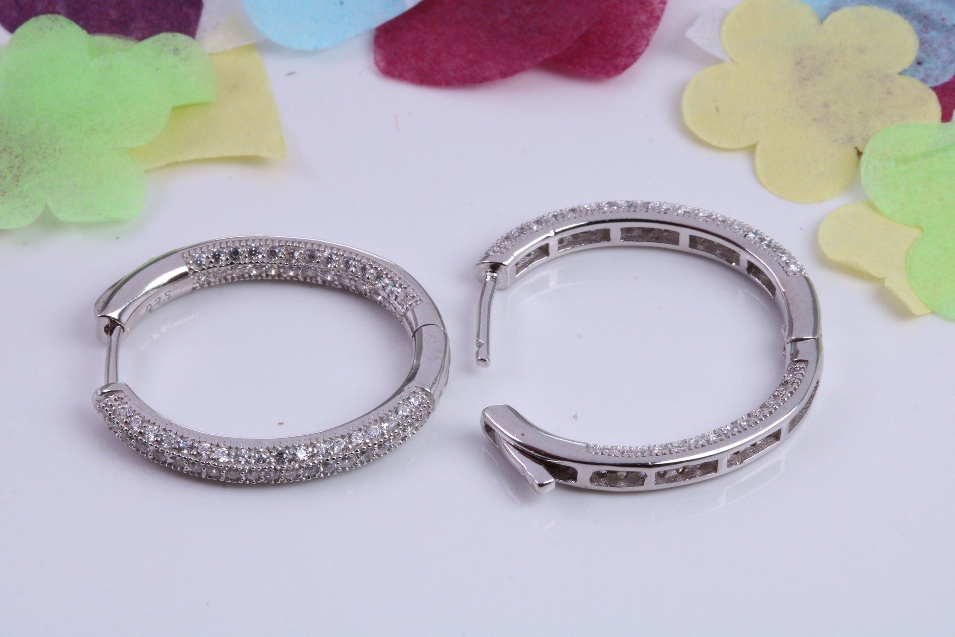25 mm Long Hoop Cubic Zirconia set Earrings, Secure Fittings, Very Dressy, Made from Solid 925 Grade Sterling Silver