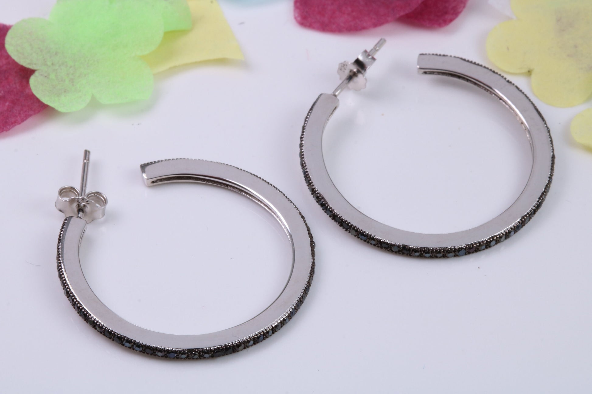 28 mm Round Hoop Black Cubic Zirconia set Earrings, Very Dressy, Made from Solid 925 Grade Sterling Silver