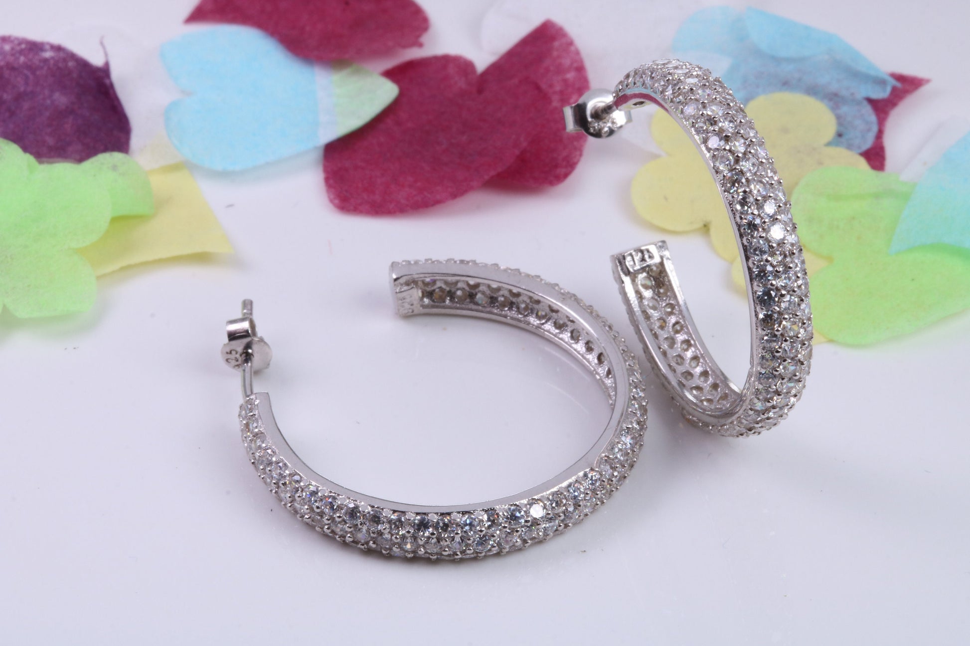 28 mm Round Hoop Cubic Zirconia set Earrings, Very Dressy, Made from Solid 925 Grade Sterling Silver