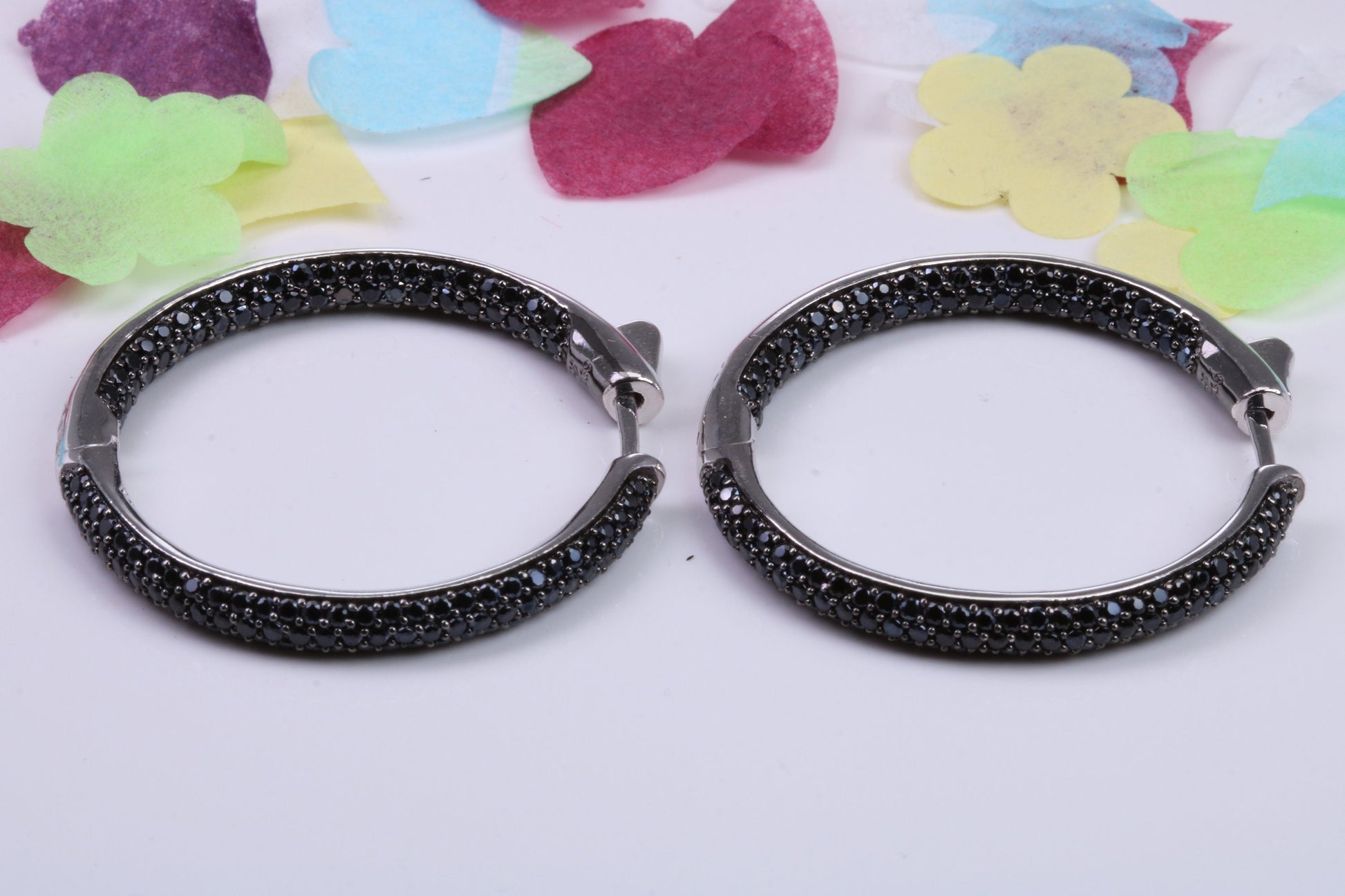 Large 37 mm Round Hoop Black Cubic Zirconia set Earrings, Very Dressy, Made from Solid 925 Grade Sterling Silver