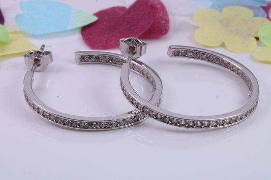 Large 30 mm Round Hoop Cubic Zirconia set Earrings, Very Dressy, Made from Solid 925 Grade Sterling Silver