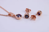 February Amethyst C Z set Necklace and Matching Stud Earrings, made from solid Sterling Silver and 18ct Rose Gold Plated