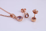 June Light Amethyst C Z set Necklace and Matching Stud Earrings, made from solid Sterling Silver and 18ct Rose Gold Plated