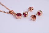 July Ruby C Z set Necklace and Matching Stud Earrings, made from solid Sterling Silver and 18ct Rose Gold Plated