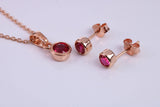 July Ruby C Z set Necklace and Matching Stud Earrings, made from solid Sterling Silver and 18ct Rose Gold Plated
