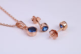 September Blue Sapphire C Z set Necklace and Matching Stud Earrings, made from solid Sterling Silver and 18ct Rose Gold Plated