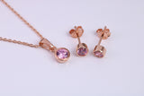 October Pink Rose C Z set Necklace and Matching Stud Earrings, made from solid Sterling Silver and 18ct Rose Gold Plated