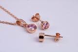 October Pink Rose C Z set Necklace and Matching Stud Earrings, made from solid Sterling Silver and 18ct Rose Gold Plated