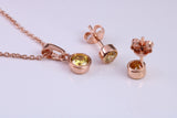 November Yellow Topaz C Z set Necklace and Matching Stud Earrings, made from solid Sterling Silver and 18ct Rose Gold Plated