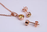 November Yellow Topaz C Z set Necklace and Matching Stud Earrings, made from solid Sterling Silver and 18ct Rose Gold Plated