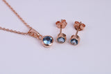 December Blue Zircon C Z set Necklace and Matching Stud Earrings, made from solid Sterling Silver and 18ct Rose Gold Plated