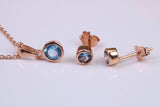 Real Blue Topaz Necklace and Matching Stud Earrings, made from solid Sterling Silver and 18ct Rose Gold Plated