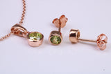 Real Peridot set Necklace and Matching Stud Earrings, made from solid Sterling Silver and 18ct Rose Gold Plated